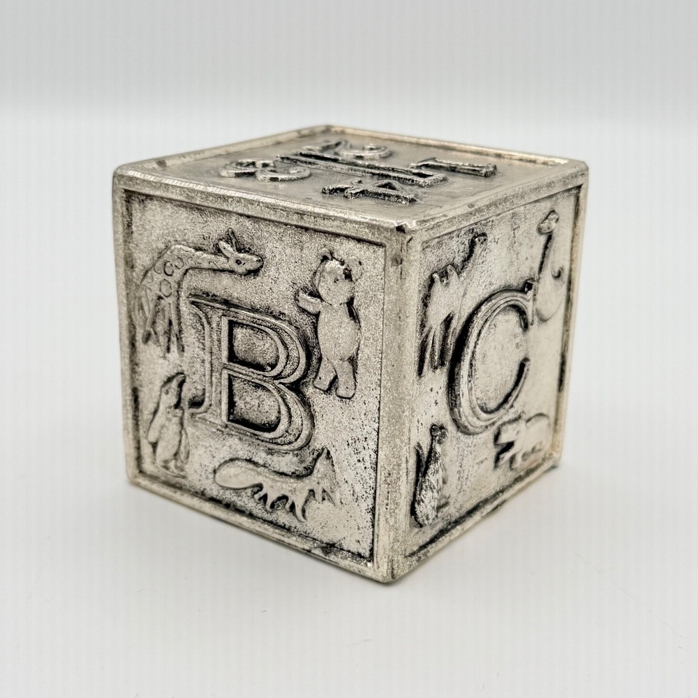 Vintage Silver Tone ABC Alphabet Block Baby Coin Bank 3" Nursery Decor